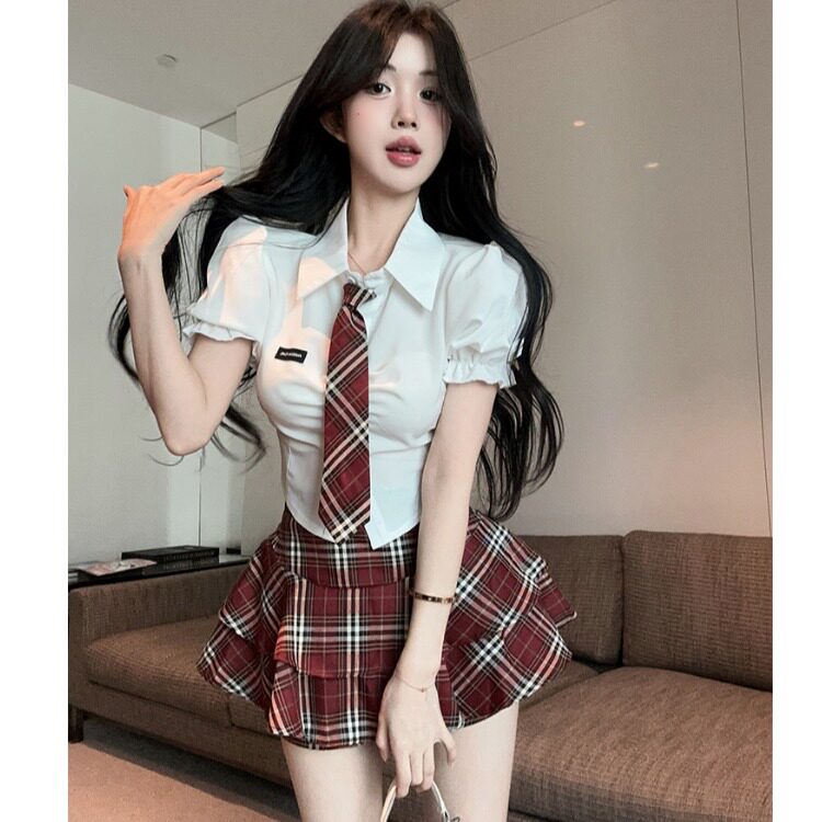 甜辣妹jk制服套装女夏学院风洋气减龄收腰短袖衬衫高腰格子半身裙