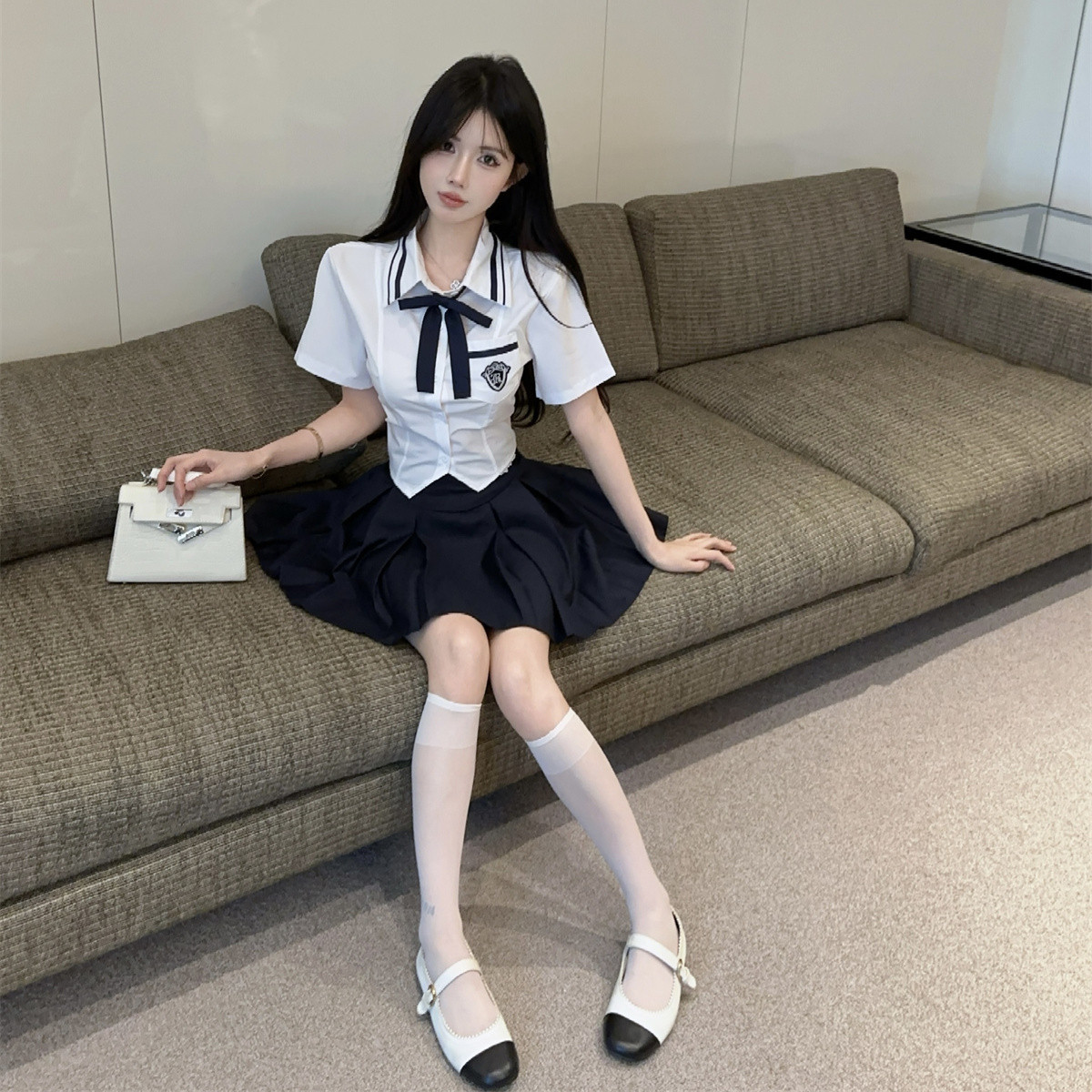 JK制服夏季蝴蝶结百褶裙两件套
