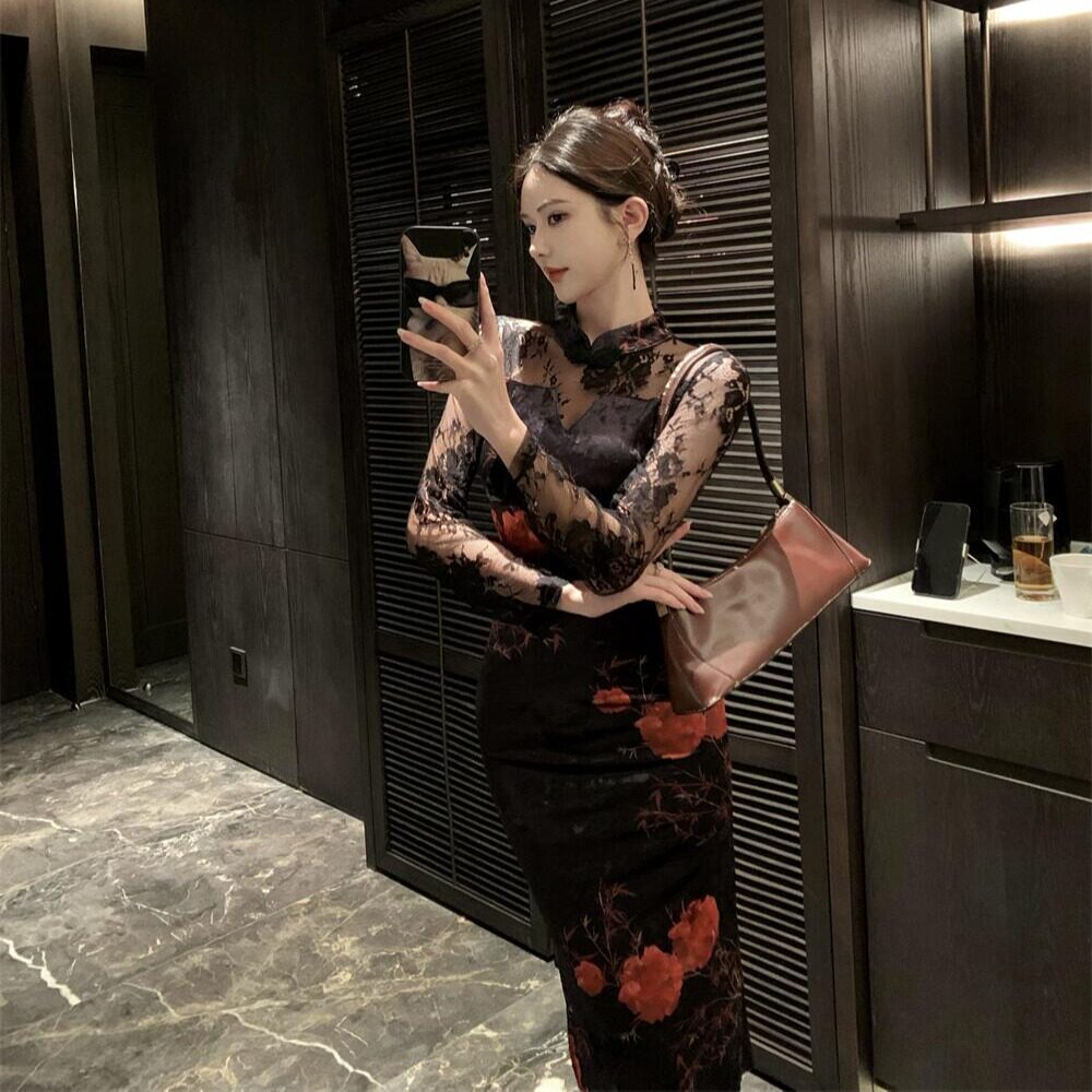 2025新中式国风旗袍长袖性感蕾丝拼接金丝绒收腰中长款气质连衣裙