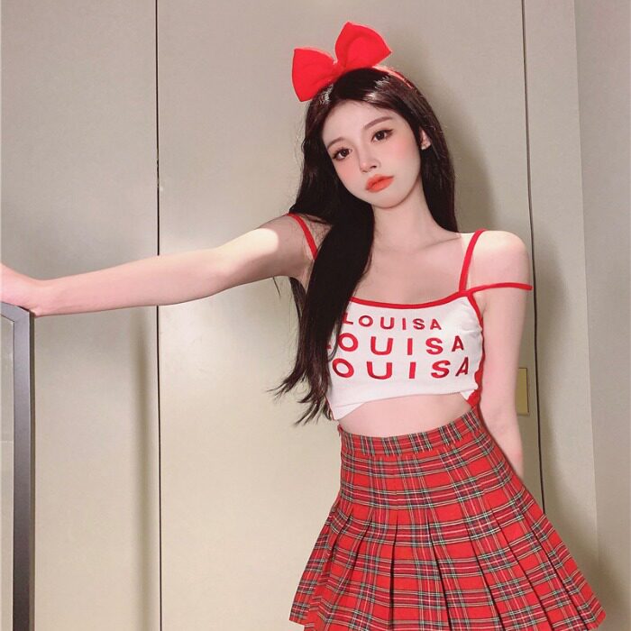 性感主播衣服夜店辣妹装小吊带背心jk红色格纹高腰百褶裙套装夏