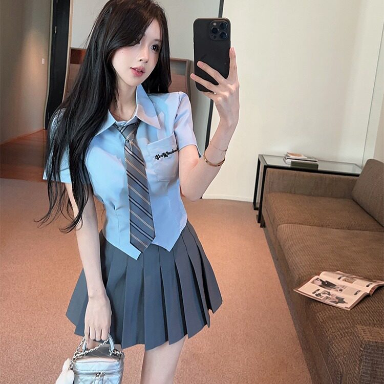JK制服夏季短袖百褶裙两件套女