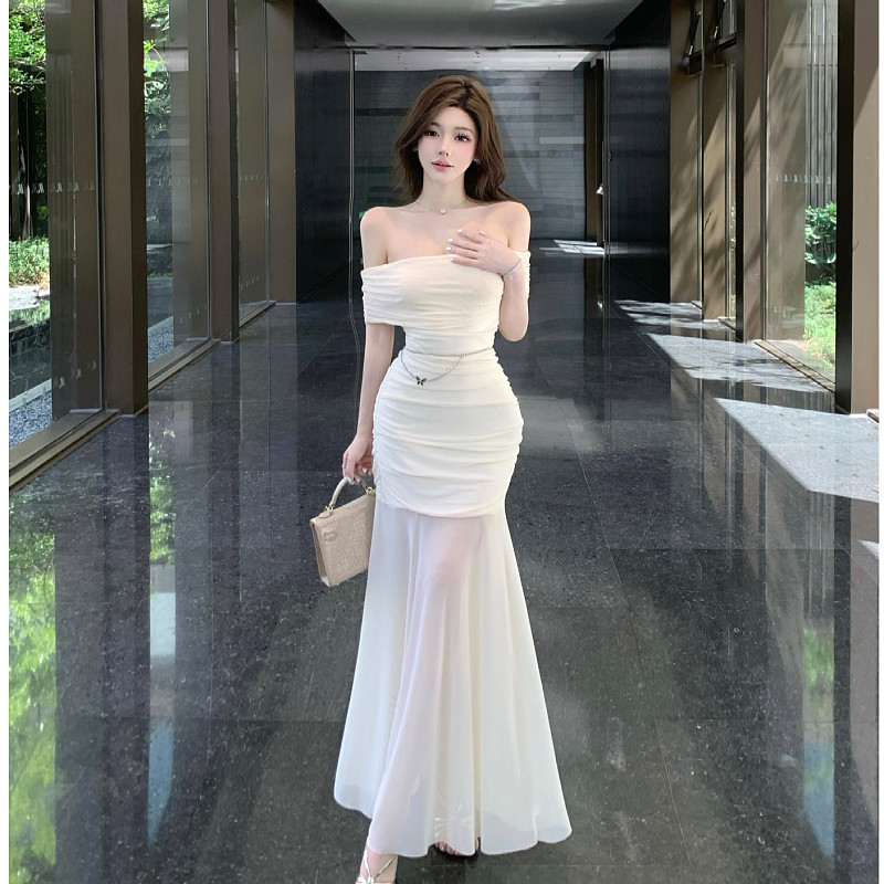 纯欲裹胸一字肩抹胸网纱高腰无袖连衣裙女性感修身显瘦鱼尾长裙