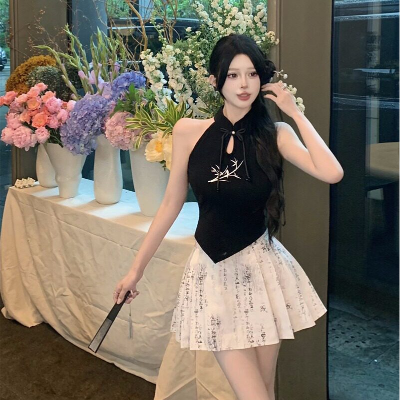 直播衣服女主播上镜新中式国风无袖背心半身裙甜辣妹工作服两件套
