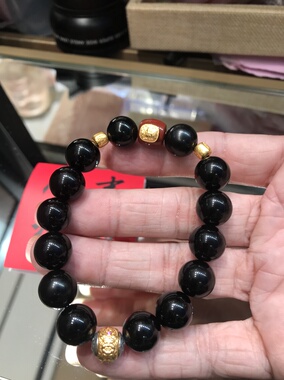 天然黑玛瑙黑耀石镀金手串男女款手链