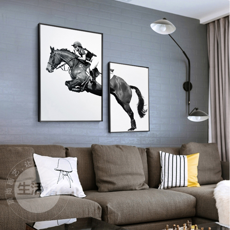 轻奢客厅黑白马创意组合现代墙画