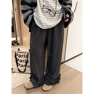 子女 减龄百搭直筒宽松小个子遮肉休闲长裤 FILLE 花边九分卫裤