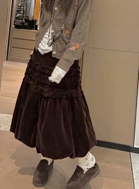 FILLE｜花苞丝绒裙 复古重工花式抽褶木耳边层次感a字蛋糕半身裙
