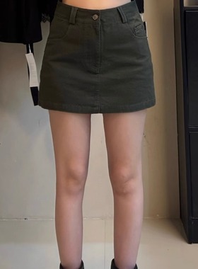 【现货】绿色水洗牛仔裙 高品质气质工装风复古a字显瘦短款半身裙