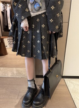 FILLE｜钉珠百褶中裙 miu系千金风重工韩国学生a字毛呢半身裙秋冬