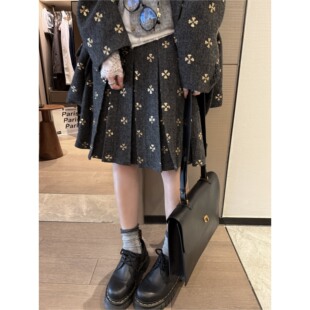 FILLE|钉珠百褶中裙 miu系千金风重工韩国学生a字毛呢半身裙秋冬