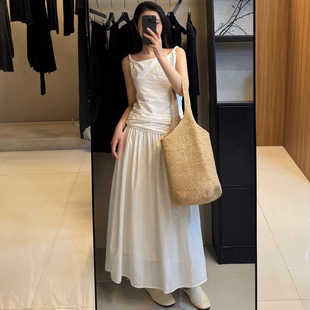 FILLE 欧货白色连衣裙 设计感极简高级褶皱遮肉显瘦吊带裙新款
