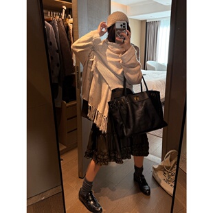 FILLE｜流苏斗篷开衫 森女系千金风松弛度假风不规则针织披肩毛衣