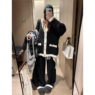 FILLE｜拼色麻花大开衫 小香风千金感复古v领慵懒松弛感外套上衣