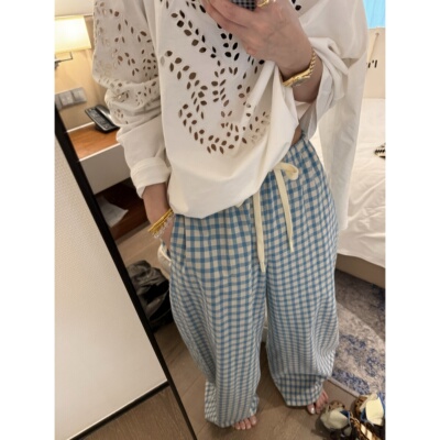 原创正版日系学院格子阔腿裤女