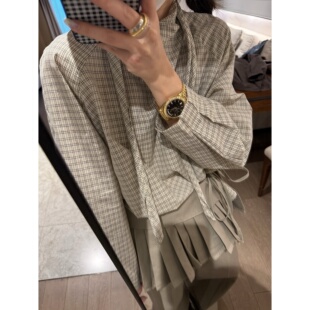 宽松通勤衬衫 复古文艺气质系带知性长袖 格子飘带上衣 FILLE