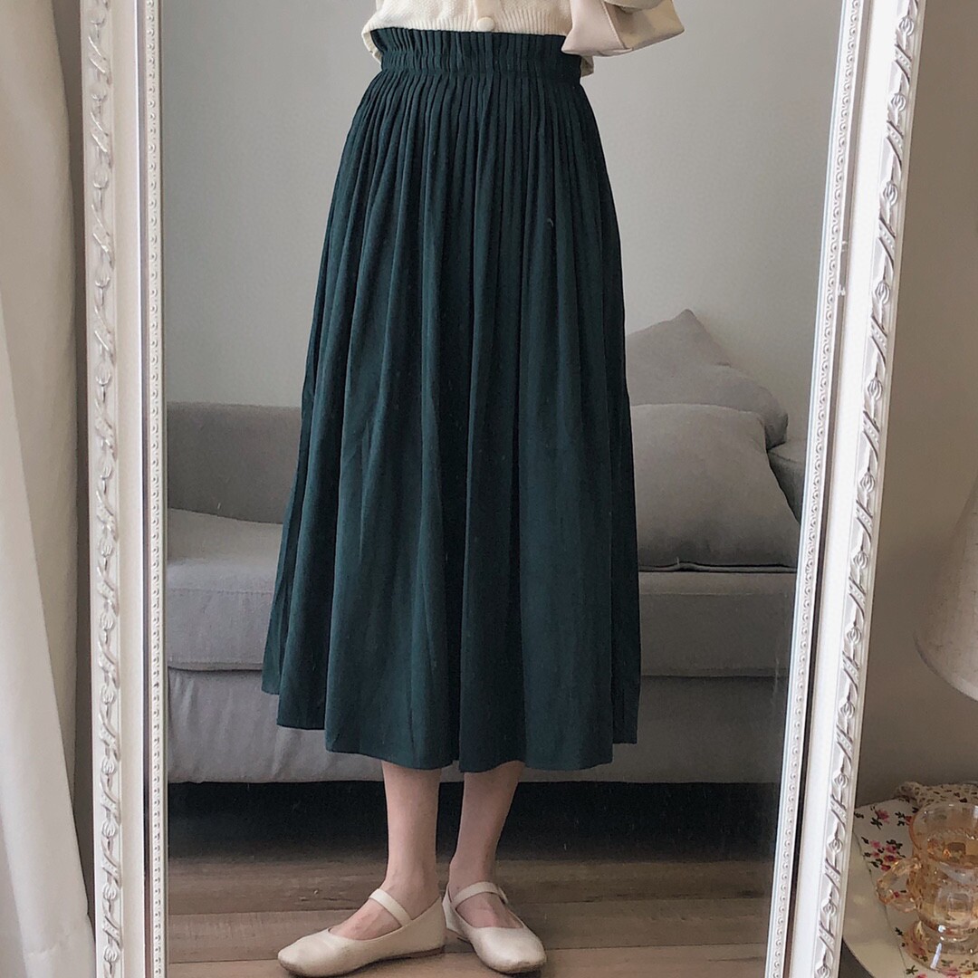 【现货】叶檀裙。自制 复古文艺森女系纯色百褶大摆中长款半身裙