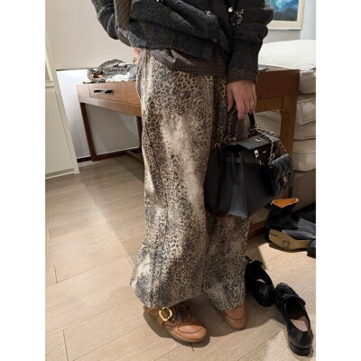 原创正版豹纹复古做旧阔腿牛仔裤