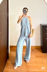 MADEINAM 品质舒适棉_度假风钩花挂脖系带上衣/松紧腰懒人裤套装