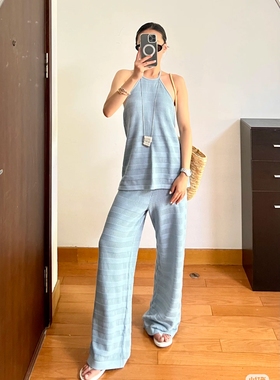 MADEINAM 品质舒适棉_度假风钩花挂脖系带上衣/松紧腰懒人裤套装