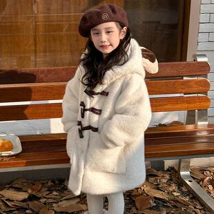 仿水貂毛外套儿童可爱小熊耳朵女童皮草冬季加厚环保毛绒大衣连帽