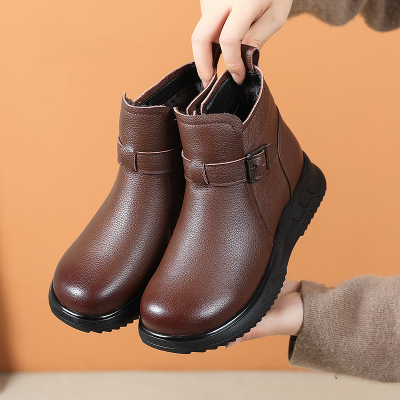 头层牛皮，休闲软底加绒短靴