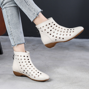 软底女鞋 洞洞鞋 平底短靴真皮夏凉靴镂空透气妈妈鞋 春季 女2024新款