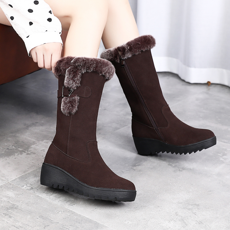 加绒保暖冬季坡跟厚底皮棉雪地靴