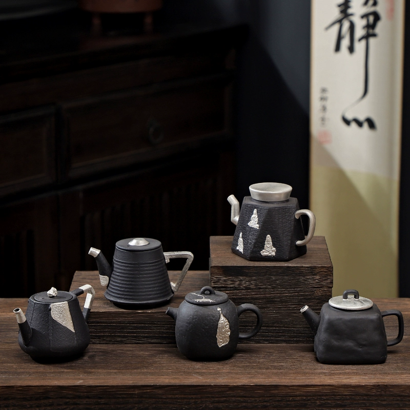 黑陶粗陶鎏银茶壶手工原矿老岩泥六方敦煌壁画壶手工复古单壶