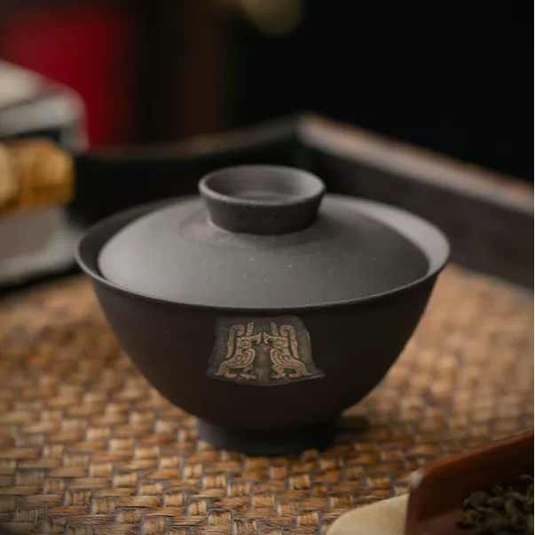 粗陶手作盖碗老岩泥黑陶功夫泡茶具二才盖碗禅意陶瓷日式茶碗