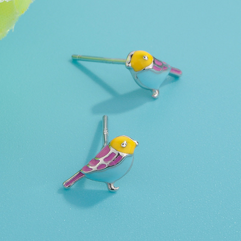 欧美彩色耳环女可爱喜鹊树脂耳钉报喜小鸟简约小饰品个性卡通耳饰