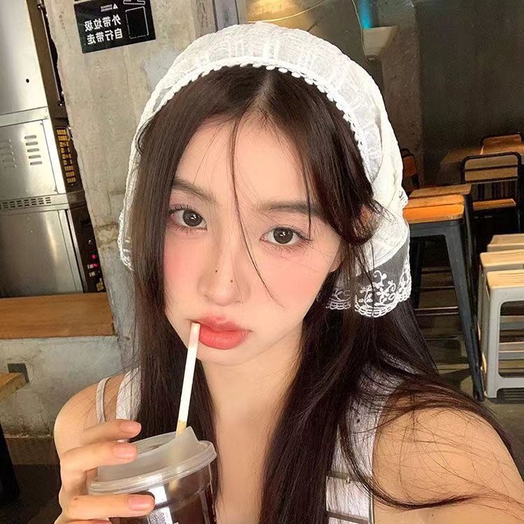 法式蕾丝三角巾女花朵米色复古装饰头巾发带百搭小围巾拍照发饰品