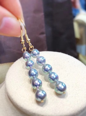 强光真多麻珍珠耳环6mm灰色近圆akoya珍珠长款925流银毛毛虫耳环