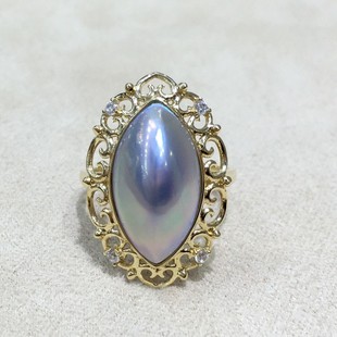 特级奢华海水马贝戒指 爆光蓝马眼海水马贝吊坠 18k金锆石拉丝边