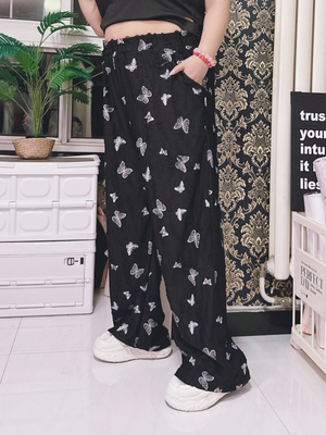 刺绣阔腿裤休闲长裤胖妞大码女装