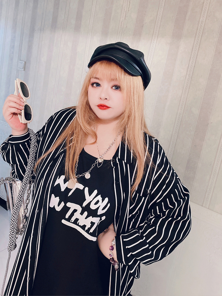 350斤休闲条纹衬衫显瘦宽松胖妞