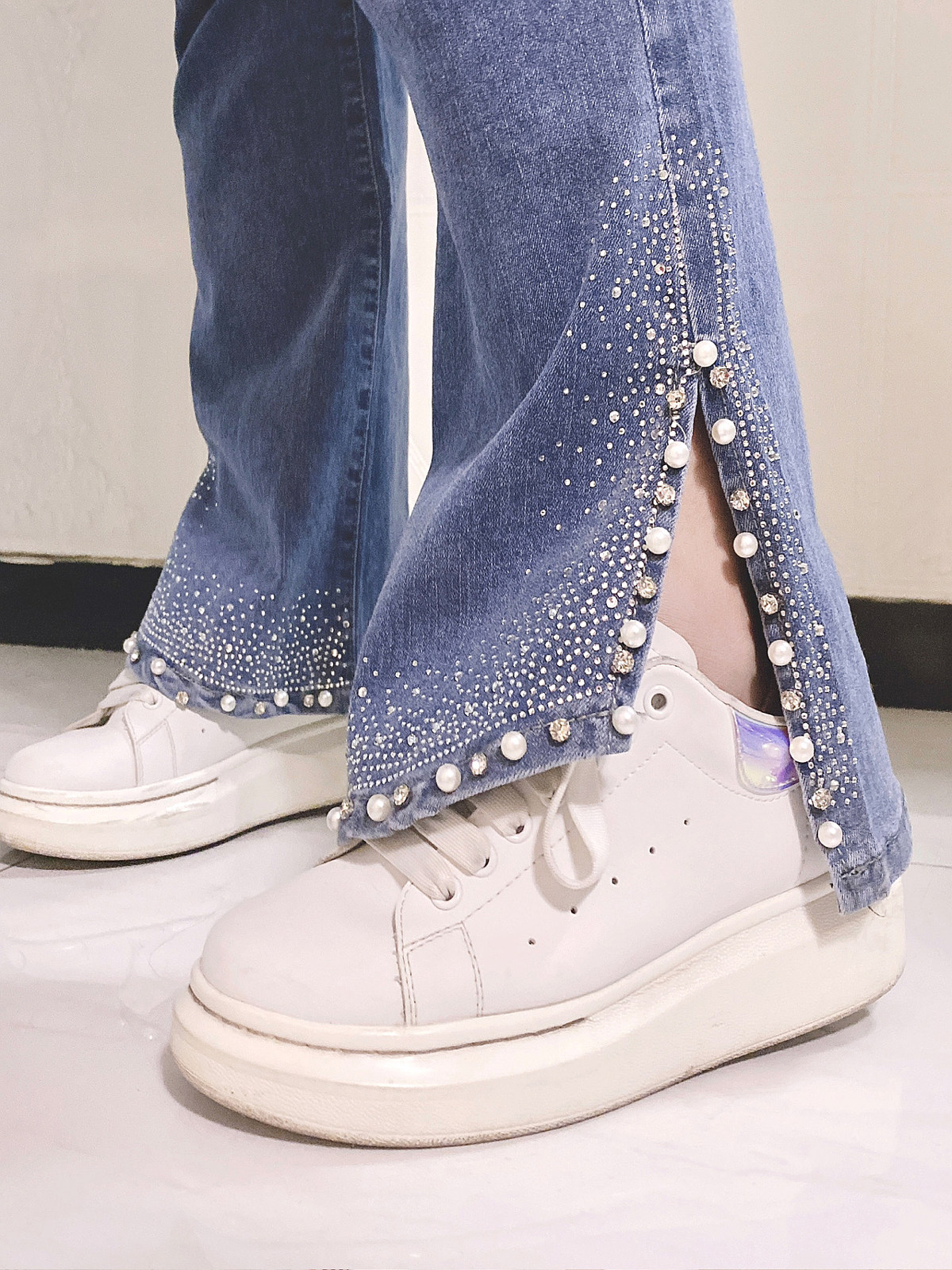 300斤时尚喇叭牛仔裤重工镶钻开叉裤洋气大长腿hello胖妞大码女装