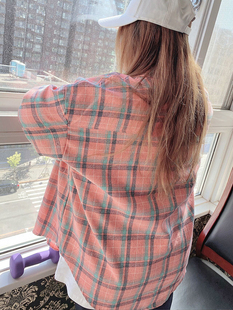 240韩版时尚格子衬衫胖MM宽松显瘦长袖学院风hello胖妞特大码女装