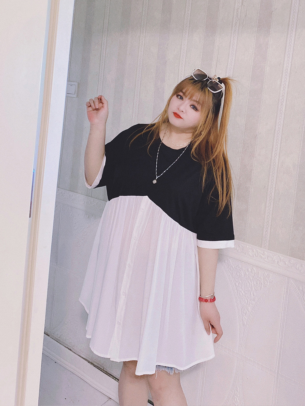 350斤显瘦设计感拼接衬衫短袖t恤裙上衣宽松a摆hello胖妞大码女装