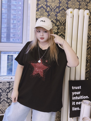 500斤亮片印花短袖T恤特大码