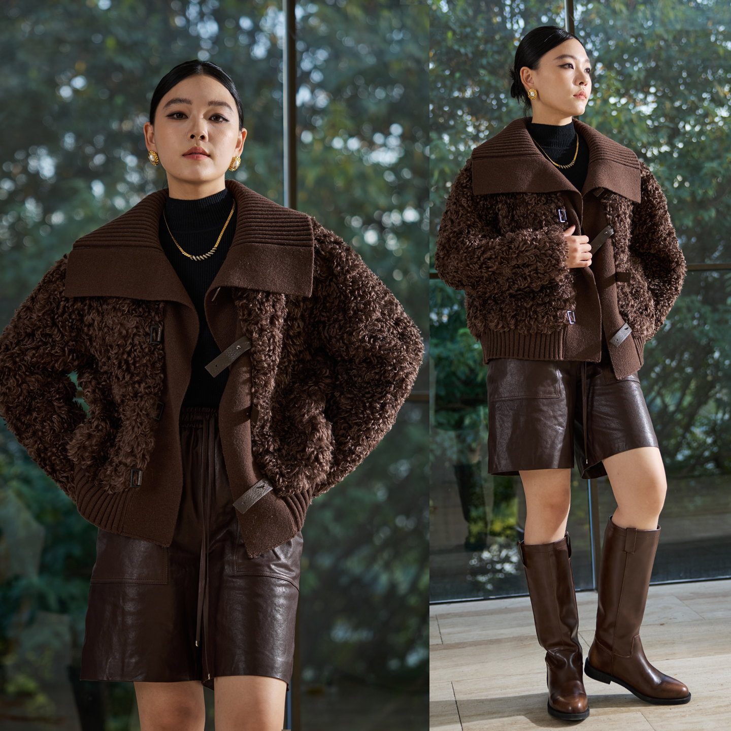 美拉德大翻领精仿羊卷毛短外套女2025冬季新款POLO领减龄上衣