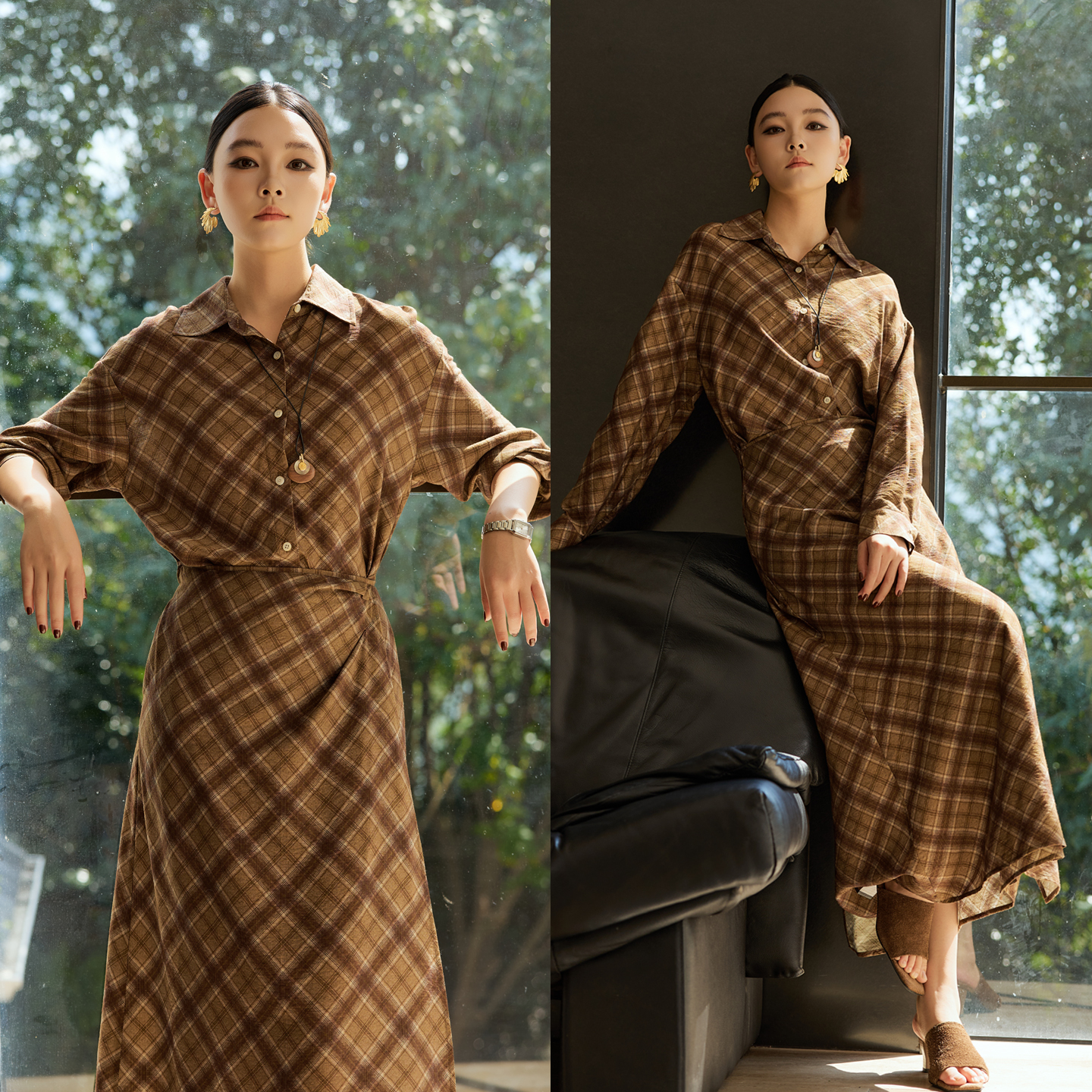 一又几木设计感格纹连衣裙女高个子长裙 2025秋季新款复古松驰感