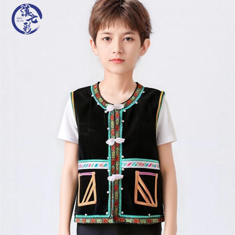 清仓特价小马夹黑色儿童银泡马甲瓦族哈尼族男童装平绒小银泡马甲