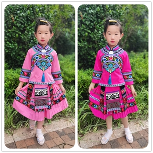 新款布依族土家族瑶族须须绣花女童套装云南民族服装两件套粉玫红
