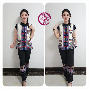 滇七彩平角石榴花白帆布马甲民族风圆领马夹彝族男女同款绣花马褂