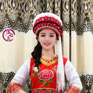 云南大理白族绣花女帽6朵8朵花双排花白族大帽子儿童成人同款白族