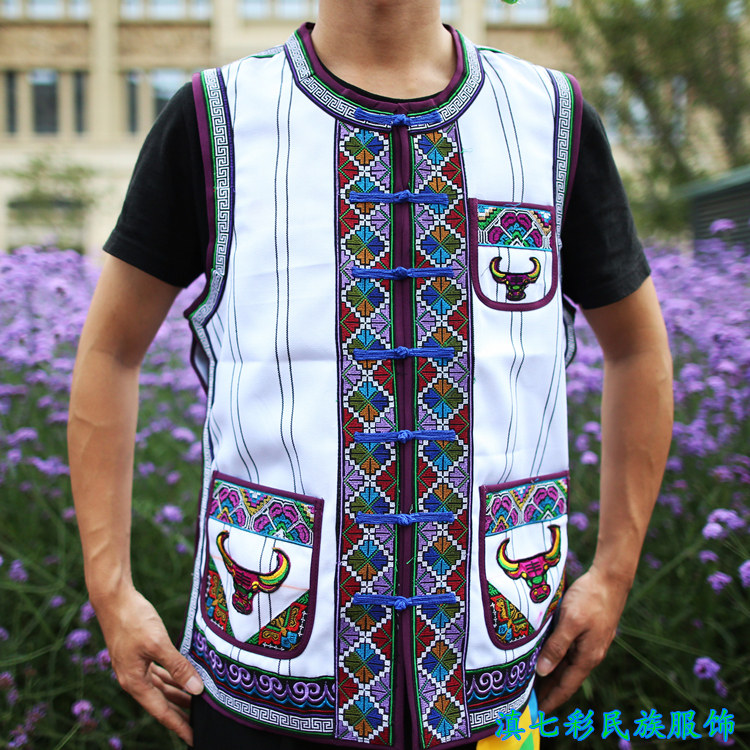 白竖条牛头马甲白色粗棉布十字绣花边马褂马夹 彝族火把节服饰,男装,其他民族服装,淘宝优惠券,粉丝福利购,淘宝优惠卷