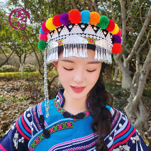 新款拉祜族头饰女帽手工毛球银饰少数民族服装帽子哈尼族十五吊帽
