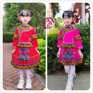短裙滇七彩民族服装 新款 双层袖 六盘水小童套装 彝族瑶族女童装