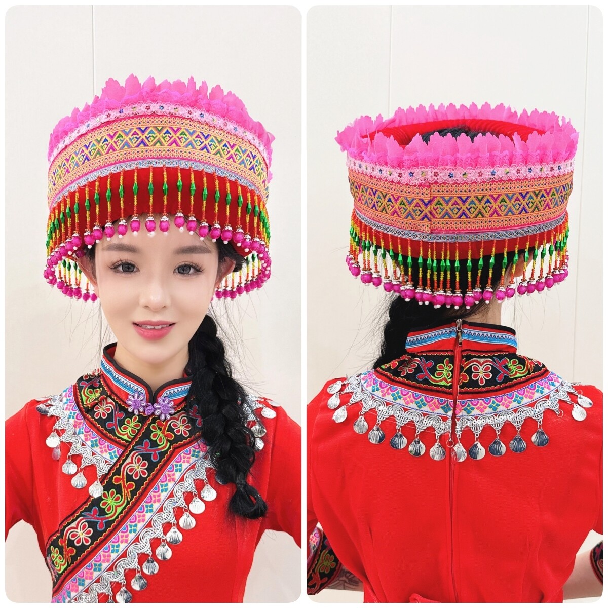 大三角民族帽红色圆盘珠珠帽傈僳族女帽民族服装配饰黑色珠珠帽
