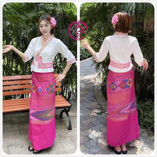 滇七彩棉织布白衣筒裙套装傣族风